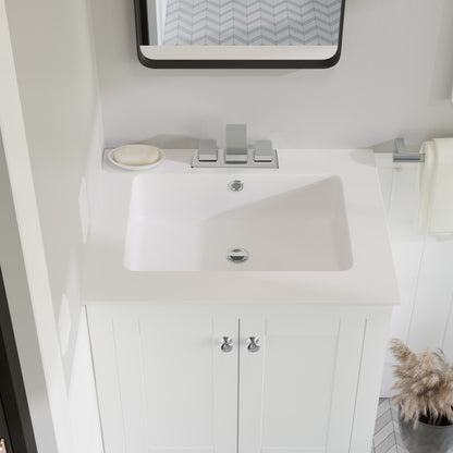 25-inch white vanity top sink with 3 centerset faucet holes and integrated rectangular basin.