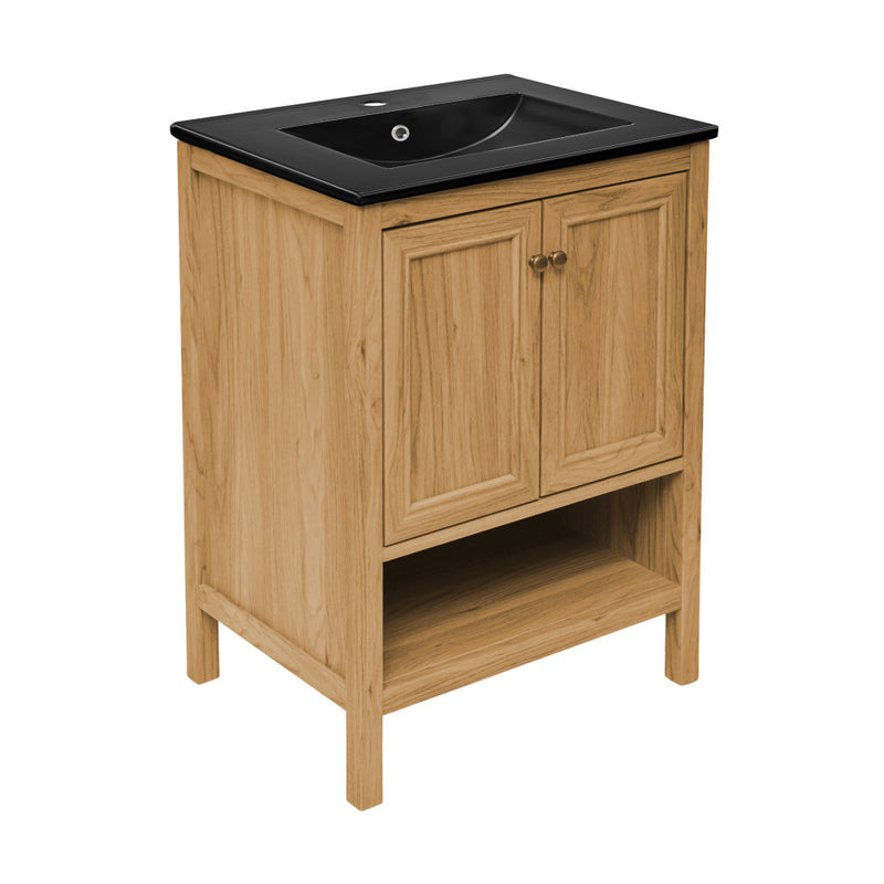 Château 24" Freestanding Bathroom Vanity in Golden Oak with Black Sink Top