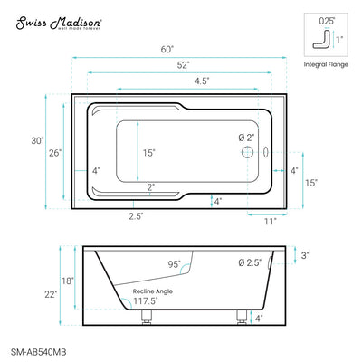 Voltaire 60" x 30" Right-Hand Drain Alcove Bathtub with Apron in Matte Black