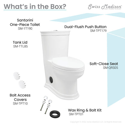 Elongated one-piece toilet with dual-flush push button and soft-close seat, includes tank lid and bolt covers.