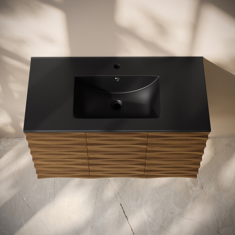 Cascade 36" Wall-Mounted Bathroom Vanity in Brown Oak with Black Sink Top