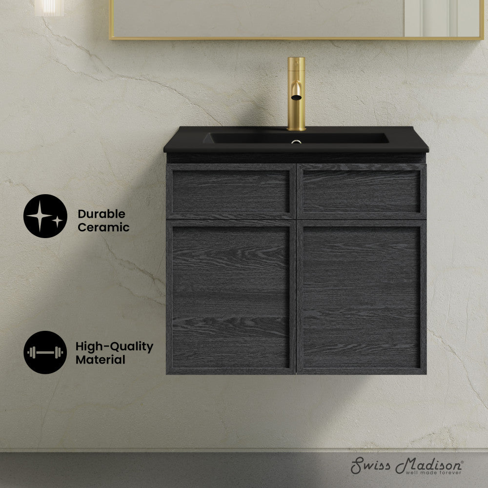 St. Tropez 24" Wall-Mounted Bathroom Vanity in Black Oak with Black Sink Top