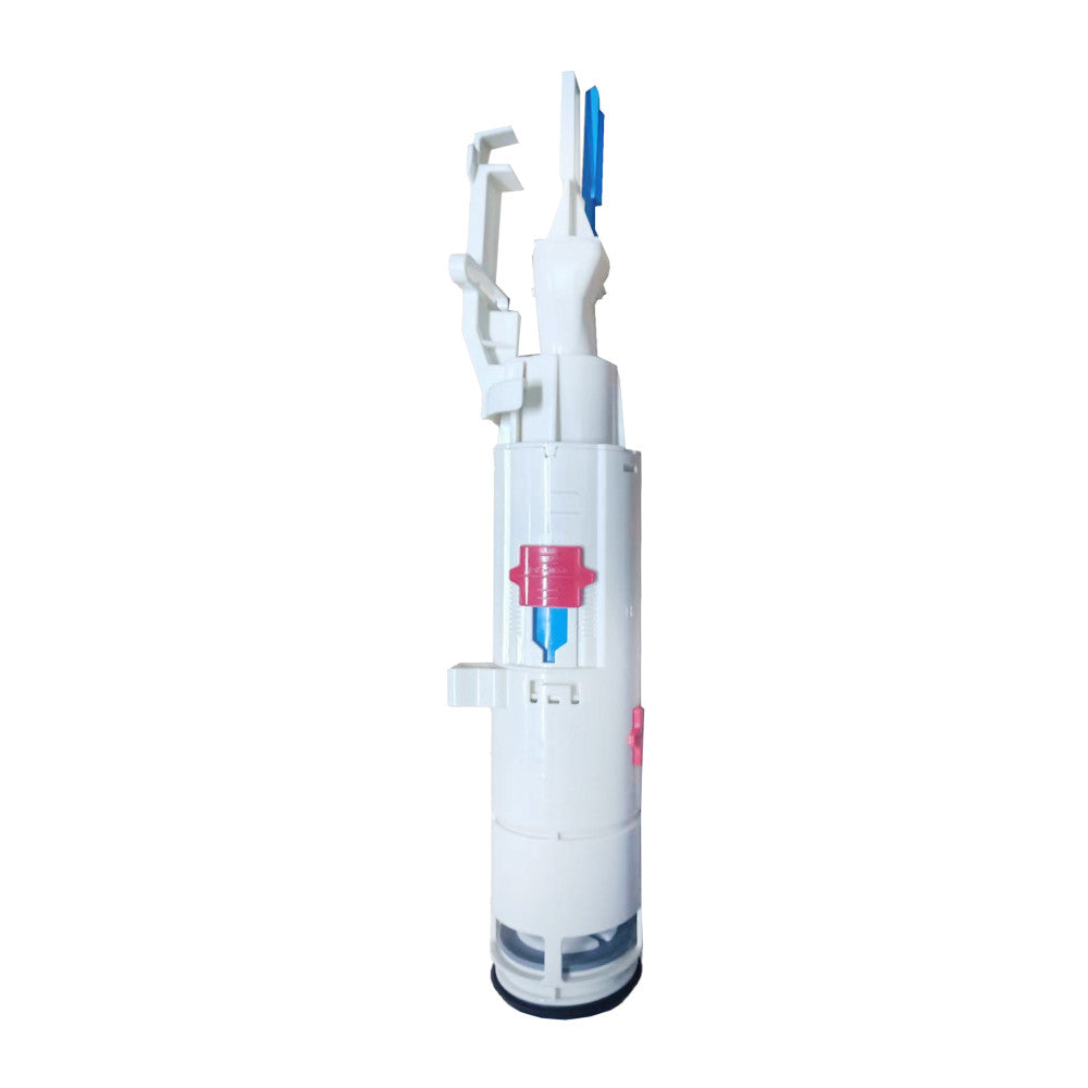 Toilet tank flush valve in white plastic with integrated refill tube and control arm.