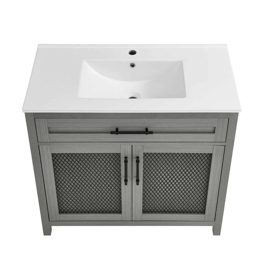 36-inch freestanding bathroom vanity in carbon gray with single rectangular sink and mesh cabinet doors.