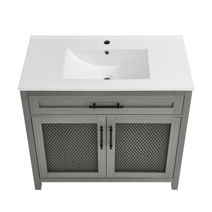 36-inch freestanding bathroom vanity in carbon gray with single rectangular sink and mesh cabinet doors.