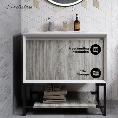 Marseille 36" Freestanding Bathroom Vanity in Gray Oak with Sink Top