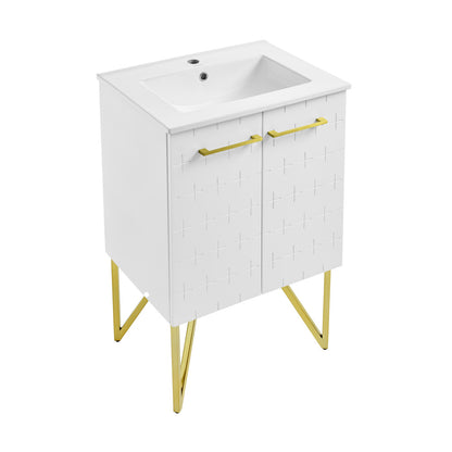 24-inch freestanding bathroom vanity in galaxy white with single sink and gold-tone legs and handles.