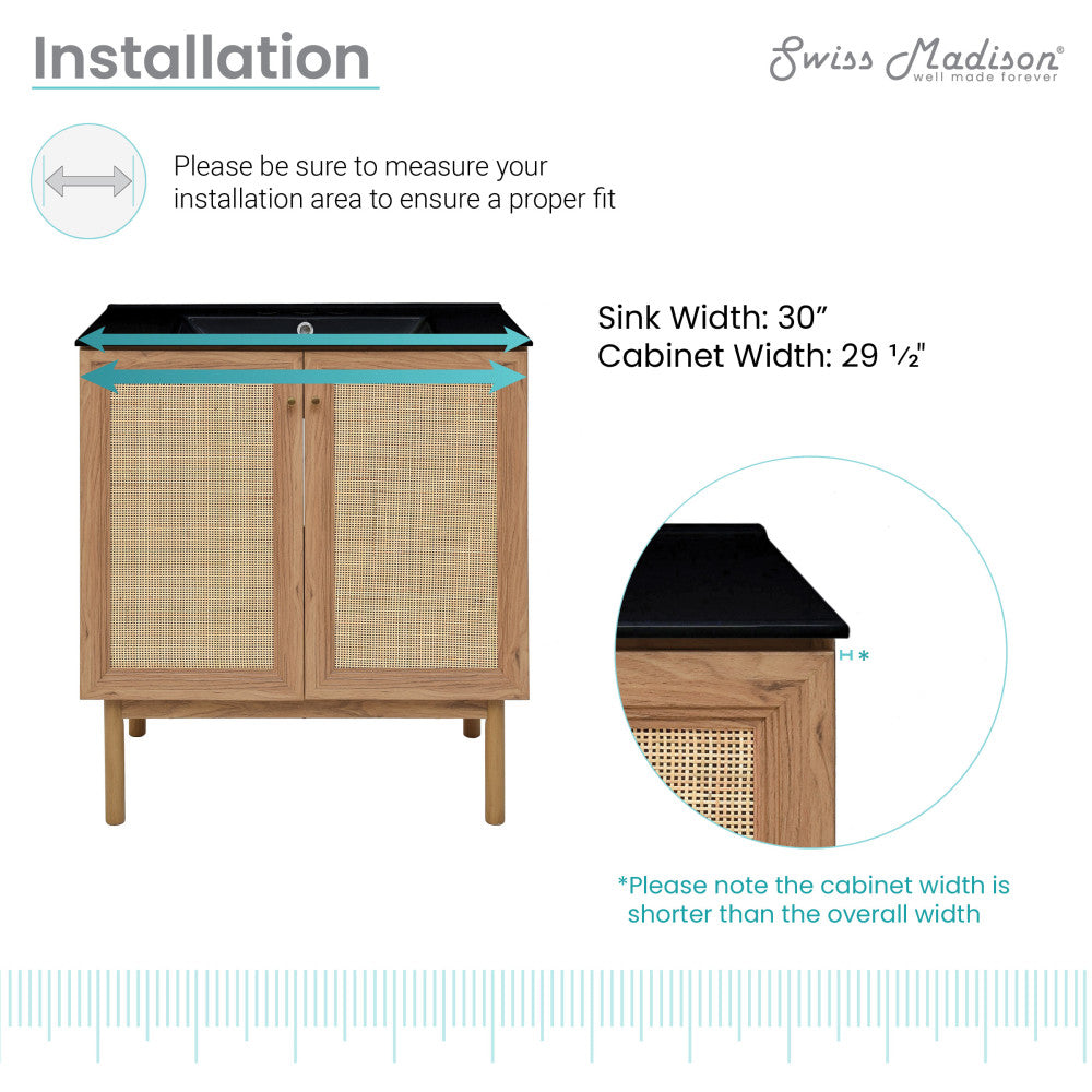 Classe 30" Freestanding Bathroom Vanity in Golden Oak with Black 3-Hole Widespread Sink Top