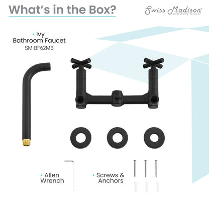 Widespread double cross-handle wall mount bathroom faucet in matte black with brass tip.