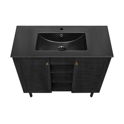 Bron 36" Freestanding Bathroom Vanity in Black Oak with Black Sink Top