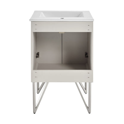 24-inch freestanding bathroom vanity in greige with single sink and open storage space.