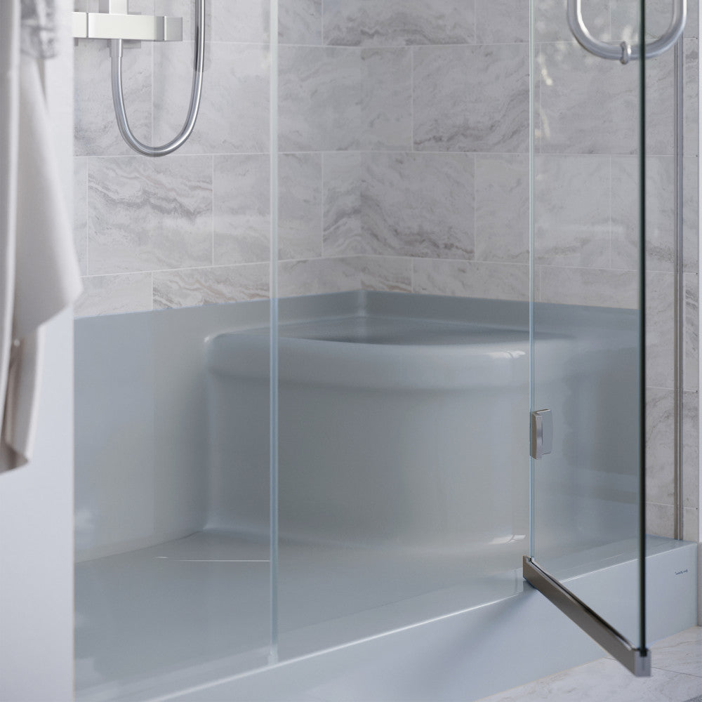 60" x 32" gray single threshold shower base with left hand drain and integral right hand seat.