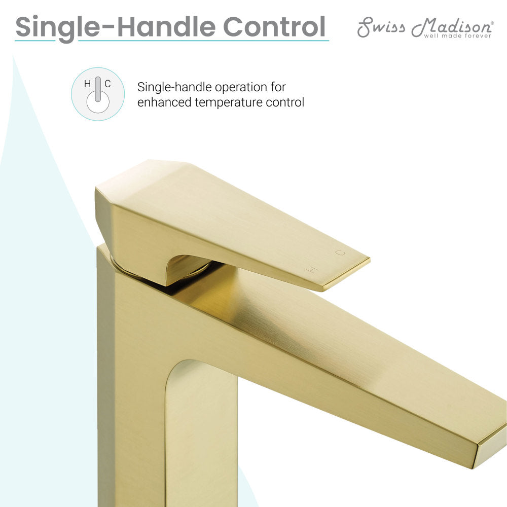 Single-handle high arc bathroom faucet in brushed gold with sleek angular spout and lever handle.