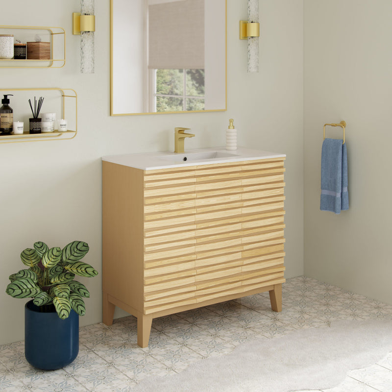 Cascade 36" Natural oak Bath Vanity With White Ceramic Sink Top