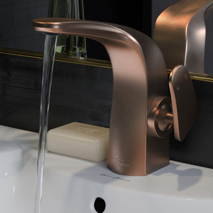 Single-handle bathroom faucet in oil rubbed bronze with sleek curved spout and lever handle.