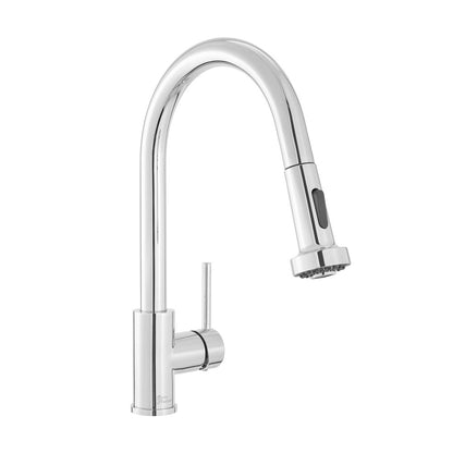 Single handle pull-down kitchen faucet in chrome with high-arc spout and side lever.