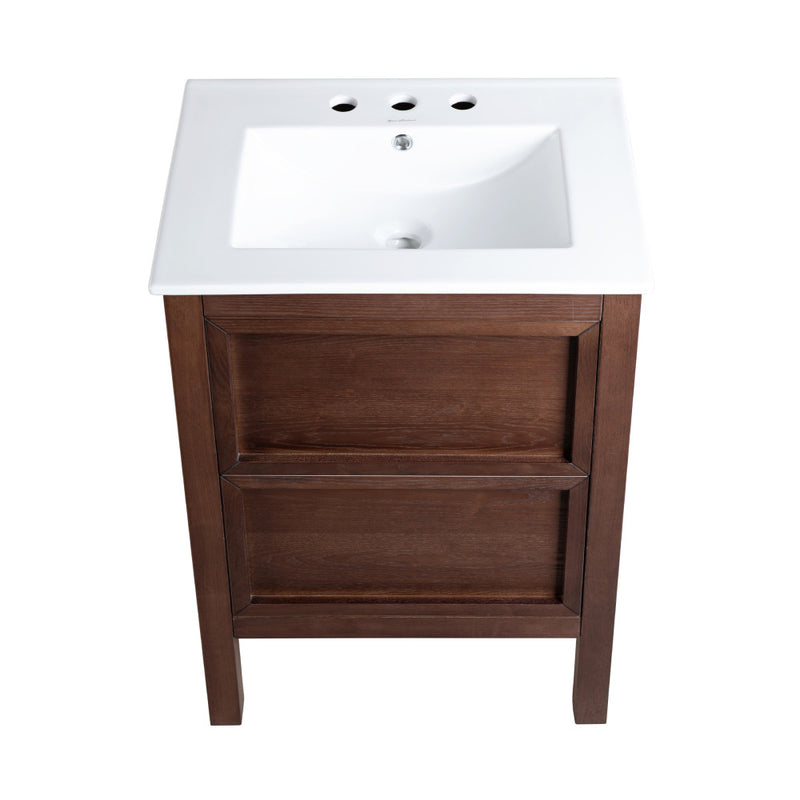 Nadar 24 in. Brown Walnut Bathroom Vanity With White, 3-Hole Ceramic Sink Top