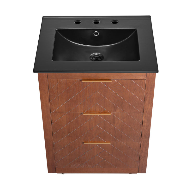Daxton 24" Freestanding Bathroom Vanity in Brown Oak with Black 3-Hole Centerset Sink Top