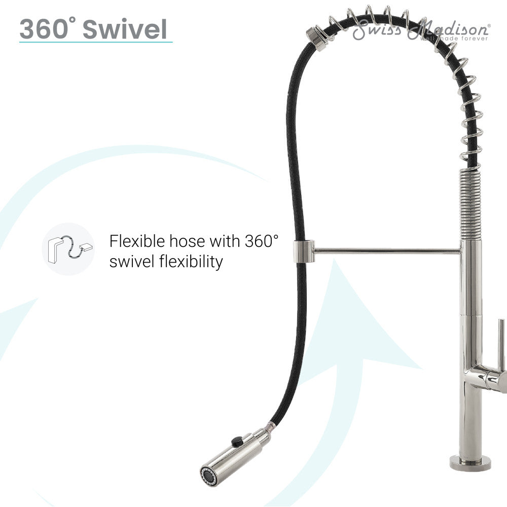Pull-down kitchen faucet in brushed nickel, single handle, flexible hose with 360° swivel.