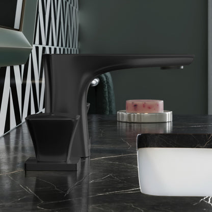 Widespread bathroom faucet in matte black with two handles and a modern angular design.