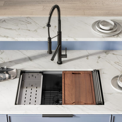 30 x 19 black stainless steel single basin undermount kitchen workstation sink with accessories.