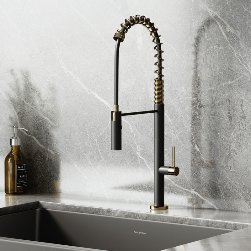 Chalet Single Handle, Pull-Down Kitchen Faucet in Brushed Gold and Black