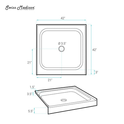 Voltaire 42" x 42" Acrylic White, Single-Threshold, Center Drain, Shower Base