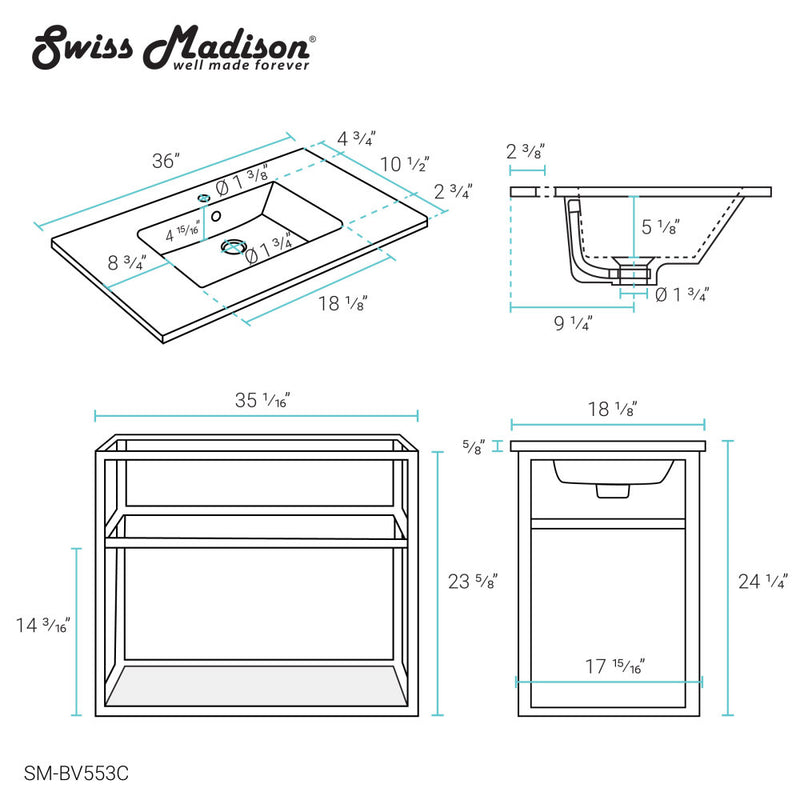 Pierre 36 Single, Open Shelf, Chrome Metal Frame Bathroom Vanity