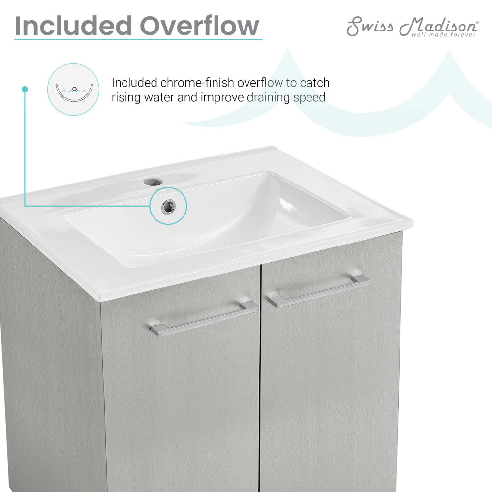 24-inch freestanding gray bathroom vanity with single integrated sink and chrome handles.
