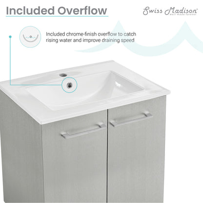 24-inch freestanding gray bathroom vanity with single integrated sink and chrome handles.