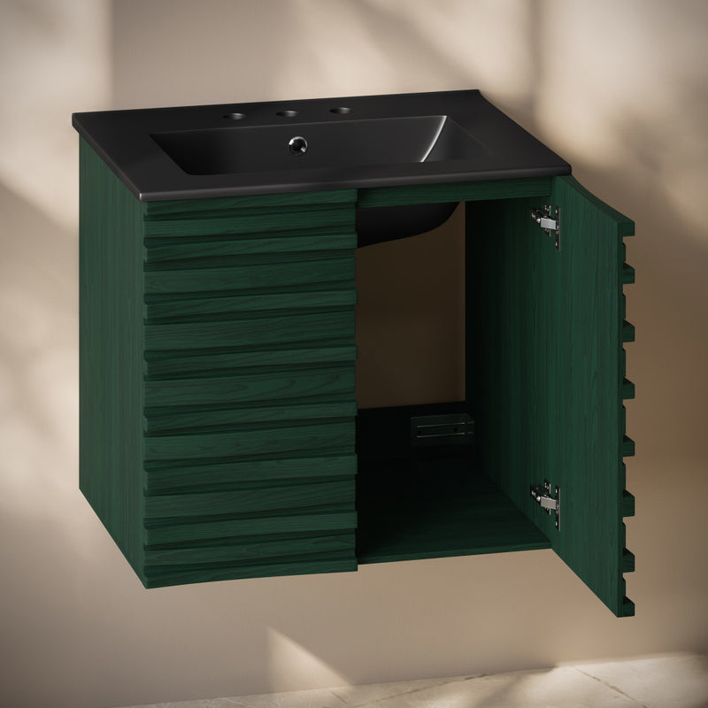 Cascade 24" Wall-Mounted Bathroom Vanity in Green Oak with Black 3-Hole Widespread Sink Top