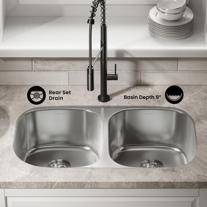 Toulouse 32 x 18 Stainless Steel, Dual Basin, Under-Mount Kitchen Sink