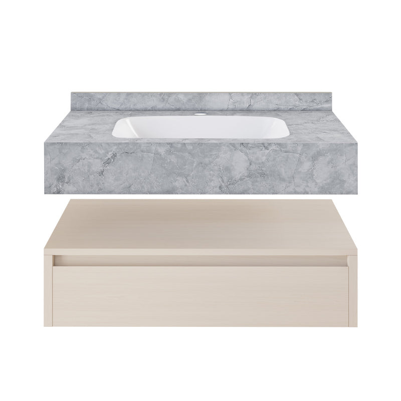 Avancer 36" Wall-Mounted Bathroom Vanity in White Oak with Storm Grey Sink Top