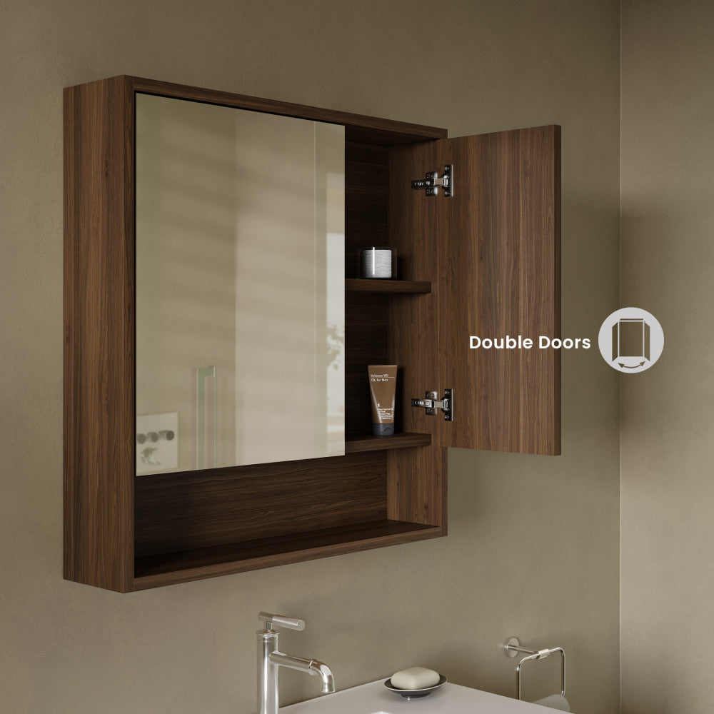 Delice 30 x 30 Rectangular Wall Mount Medicine Cabinet in Walnut with Open Shelf