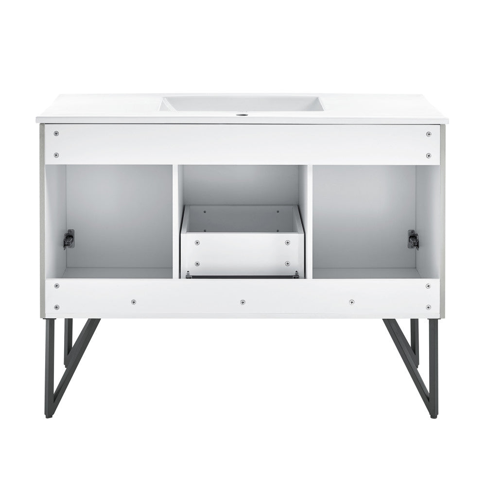 48-inch freestanding bathroom vanity in gray with single sink and open storage compartments.
