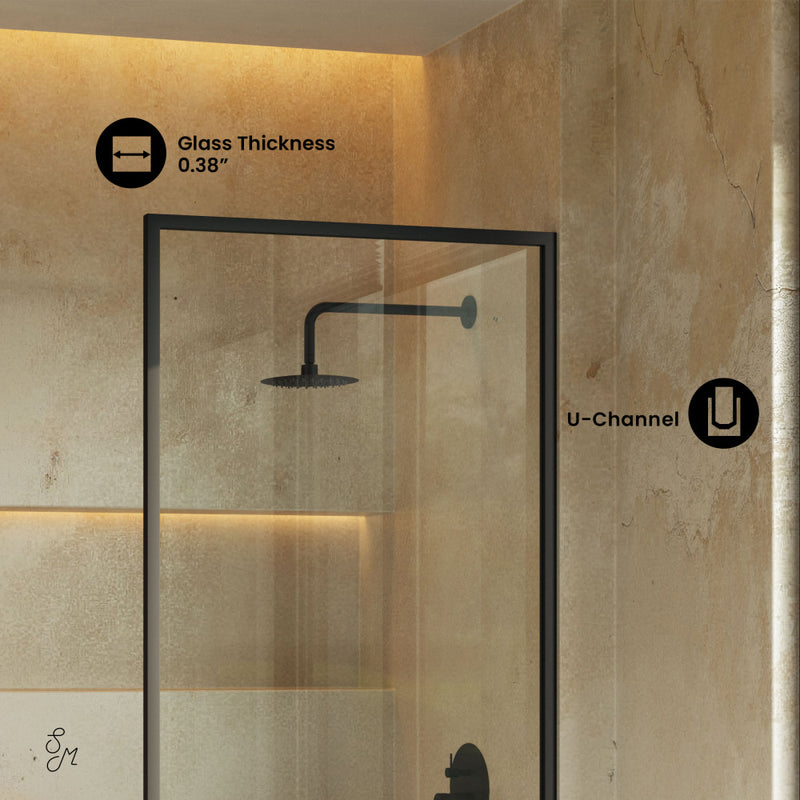 Pierre 34 x 58 Framed Fixed 3/8 in. (10mm) Clear Tempered Glass Tub Door with Black Matte Frame