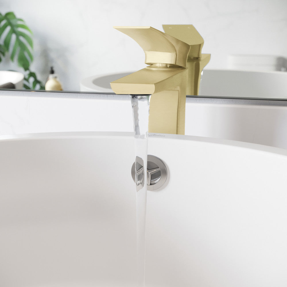 Single-handle high arc bathroom faucet in brushed gold, sleek modern design, water flowing from spout.
