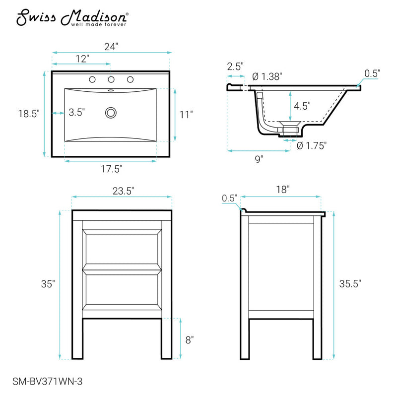 Nadar 24 in. Brown Walnut Bathroom Vanity With White, 3-Hole Ceramic Sink Top