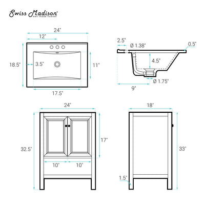 Château 24" Freestanding Bathroom Vanity in Brown Oak with 3-Hole Centerset Sink Top