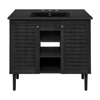 Bron 36" Freestanding Bathroom Vanity in Black Oak with Black 3-Hole Widespread Sink Top