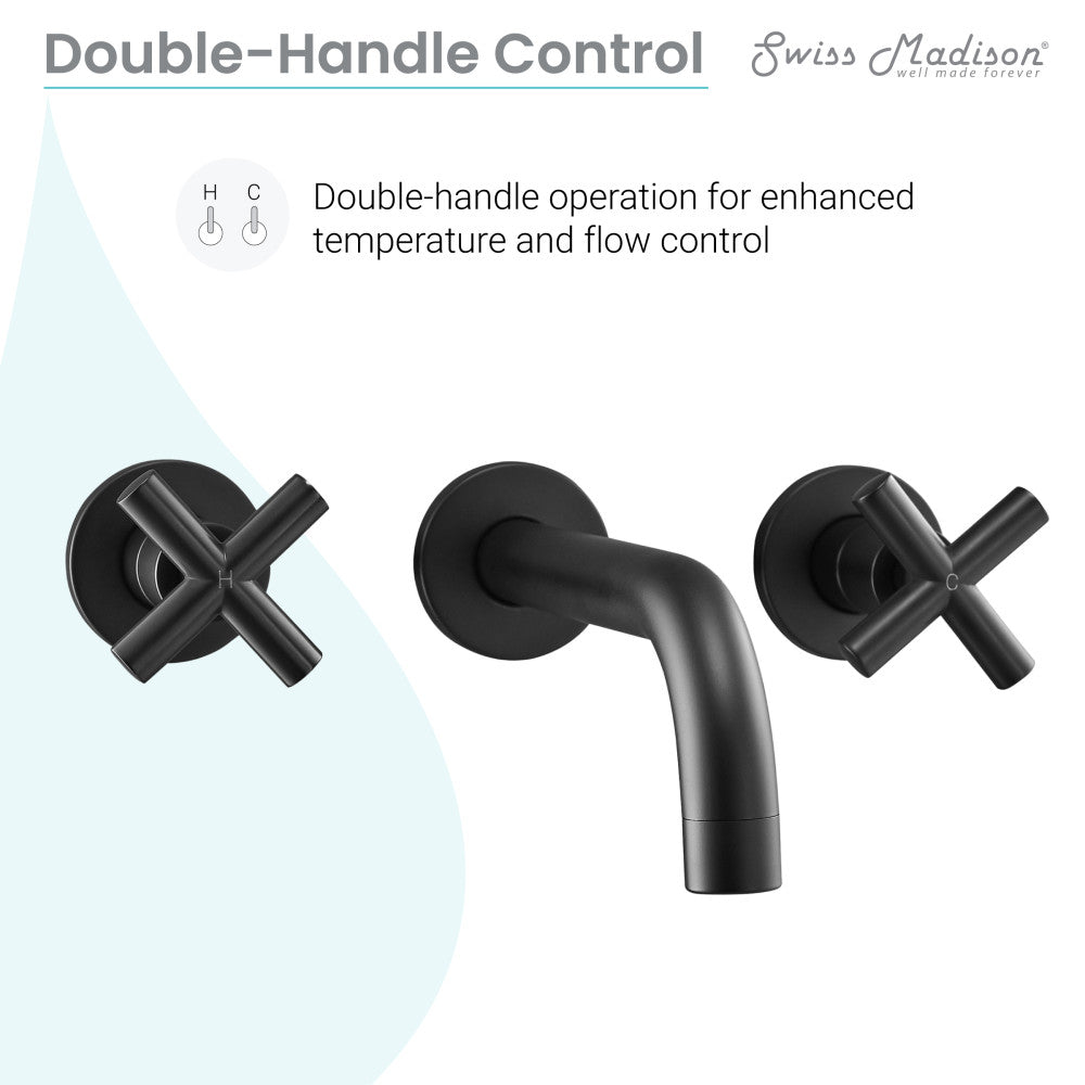 Widespread double cross-handle wall-mount bathroom faucet in matte black with curved spout.