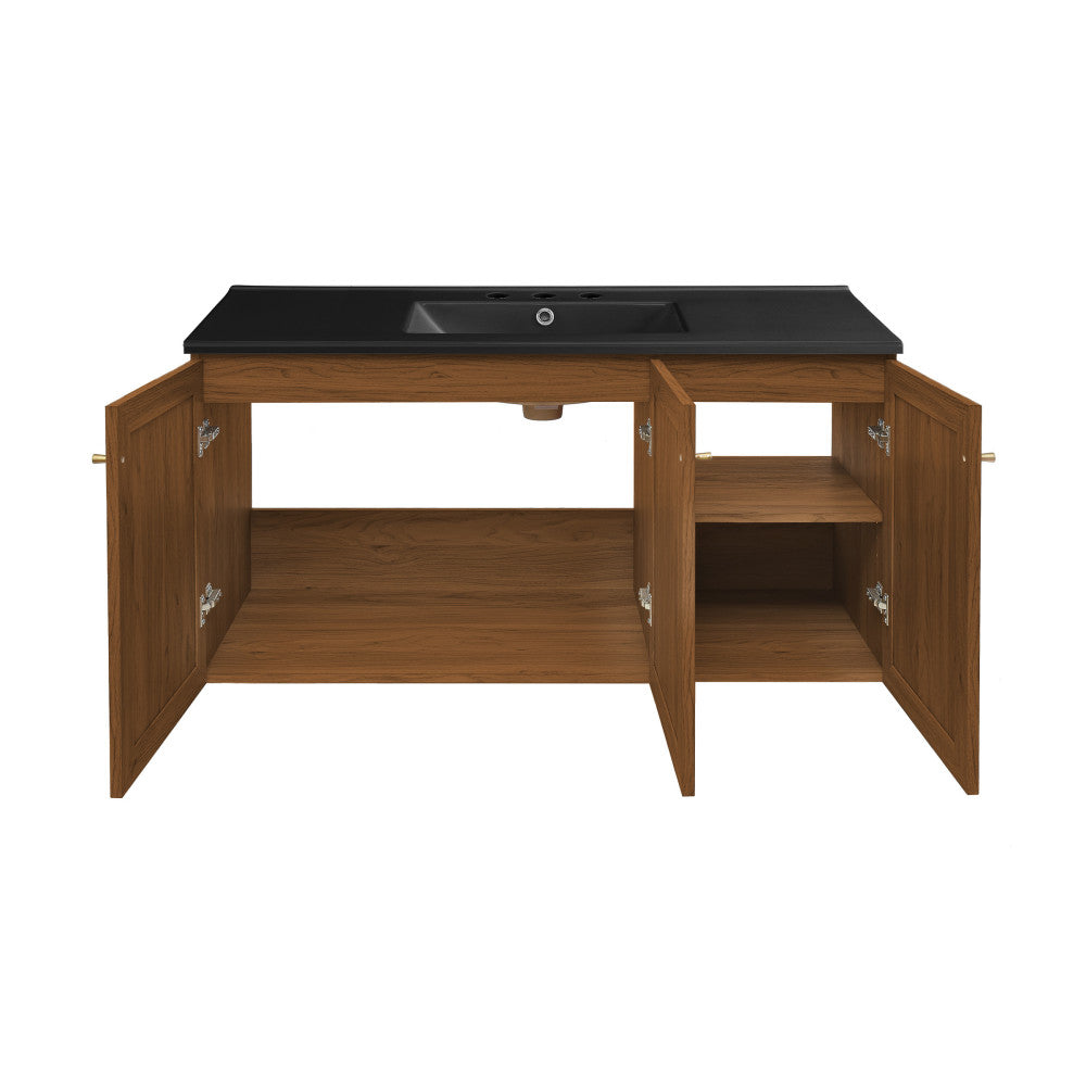 Classe 48" Wall-Mounted Bathroom Vanity in Brown Oak with Black 3-Hole Widespread Sink Top