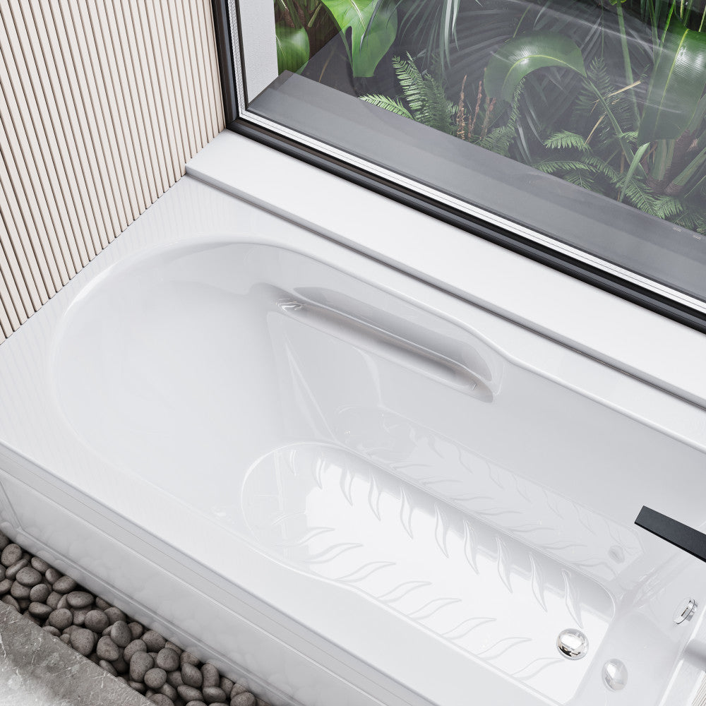 Glossy white acrylic alcove apron bathtub 60x32 inches with integral right-hand drain.