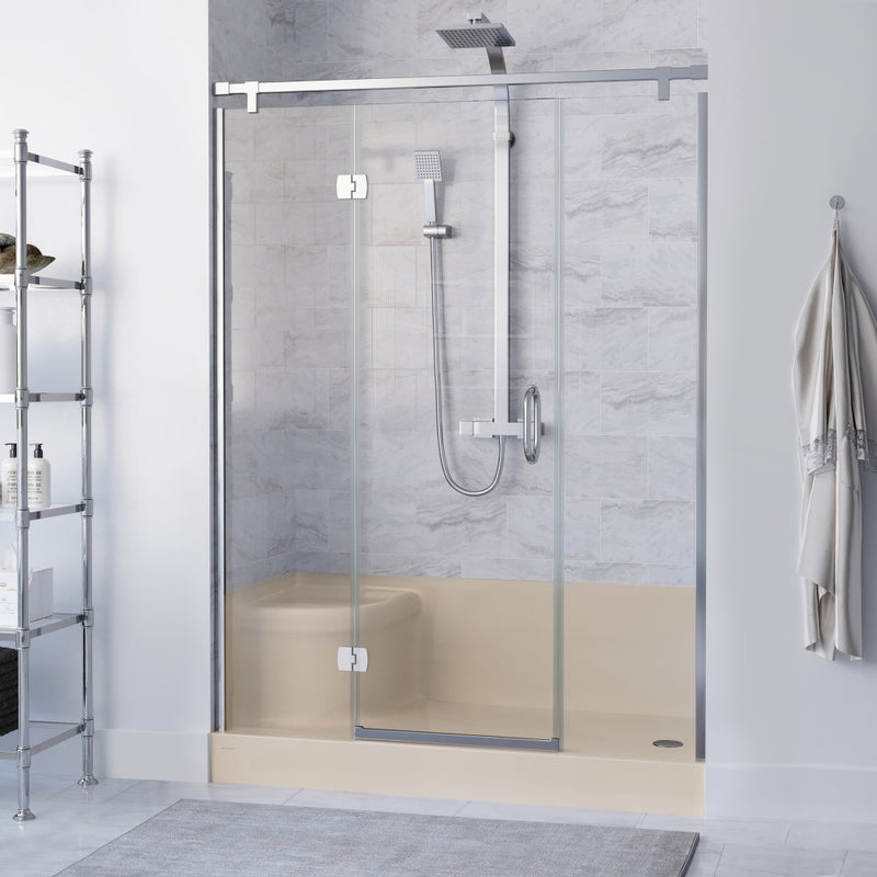 Aquatique 60" x 32" Single Threshold Shower Base With Right Hand Drain and Integral Left Hand Seat in Biscuit