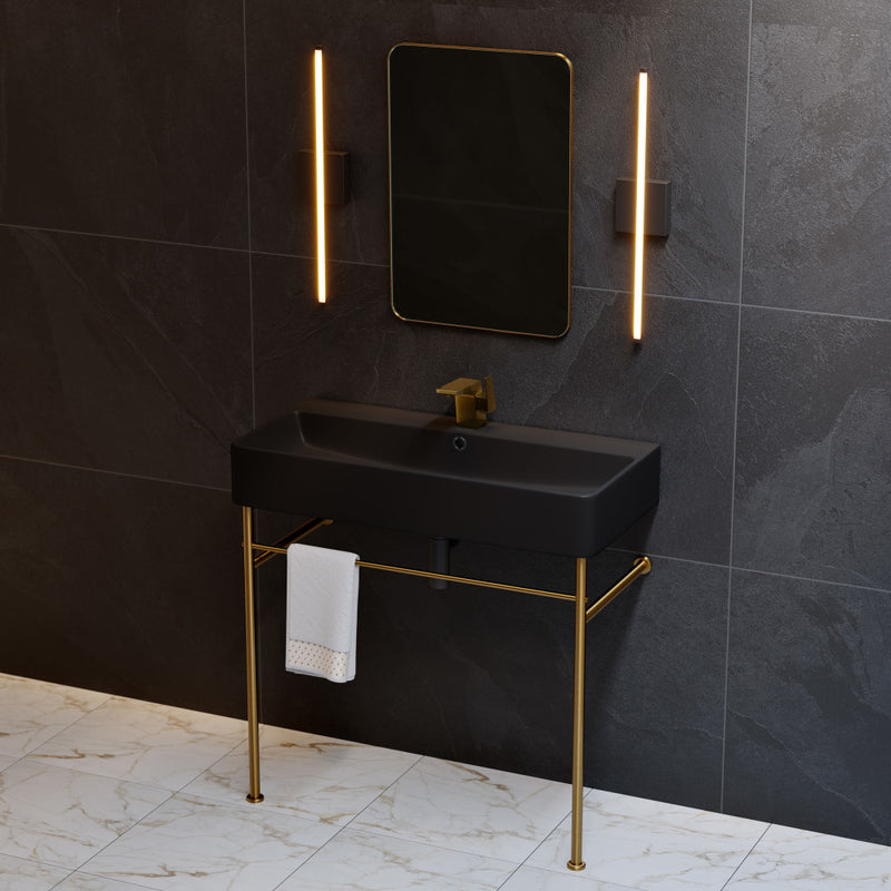 Carre 36 Ceramic Console Sink Matte Black Basin Brushed Gold Legs