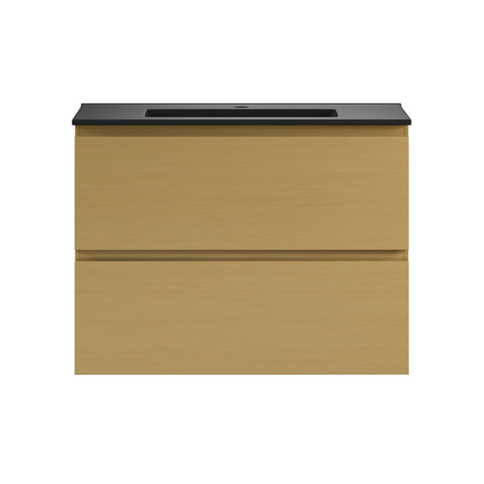 Liberte 30" Wall-Mounted Bathroom Vanity in Natural Oak with Black Sink Top