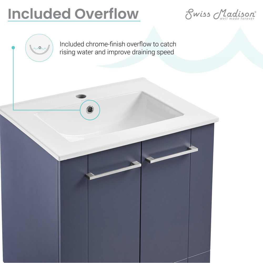 24-inch freestanding purple bathroom vanity with white sink top and chrome handles, soft-close doors.