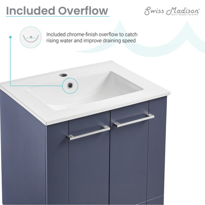 24-inch freestanding purple bathroom vanity with white sink top and chrome handles, soft-close doors.