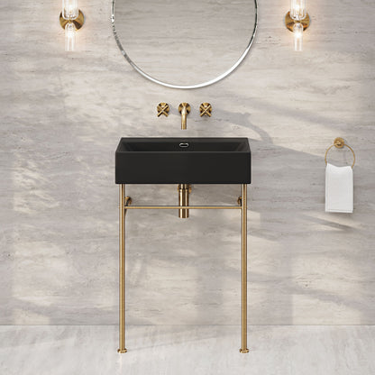Claire 24" Rectangle Matte Black Zero Hole Console Sink with Brushed Gold Legs