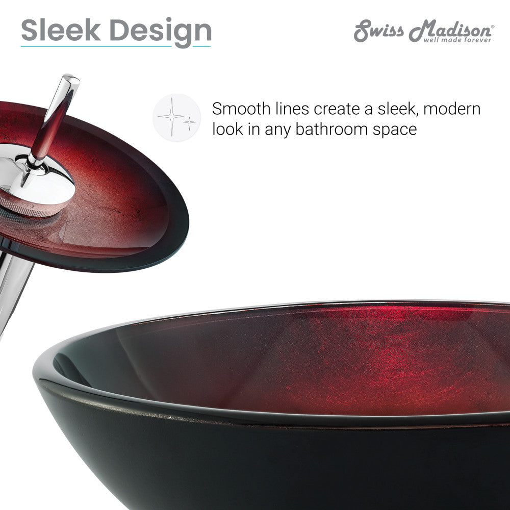 Round ember red glass vessel sink with matching single-handle chrome faucet, sleek modern design.